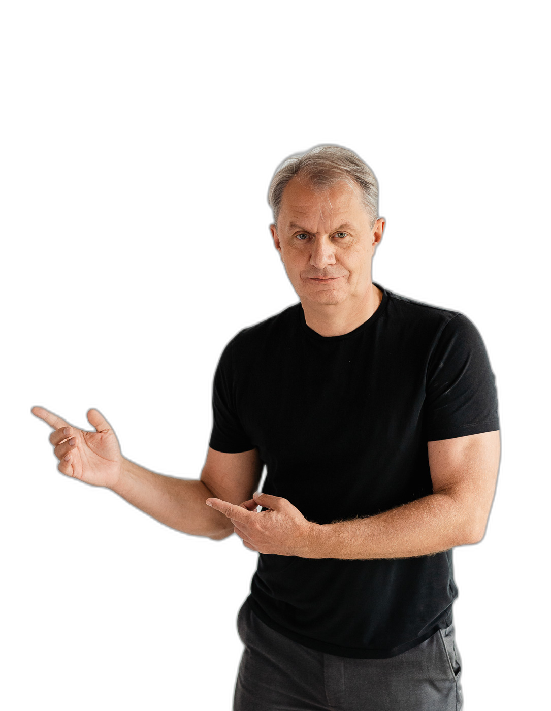 Portret autora wskazującego w lewą stronę